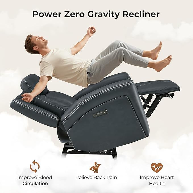 CHITA Genuine Leather Power Recliner Chair for Adults, Super Zero Gravity Recliner with Adjustable Power Headrest & USB/Type-C Ports, for Living Room, Bedroom & Home Theater, Navy Blue