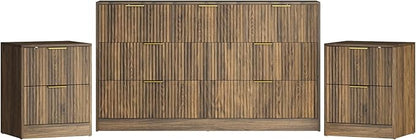 3-Piece Modern Bedroom Furniture Set, Wide 7-Drawer Dresser & 2-Drawer Nightstands Set of 2, Natural Wood Dresser and Nightstand Sets for Bedroom, Hallway, Walnut