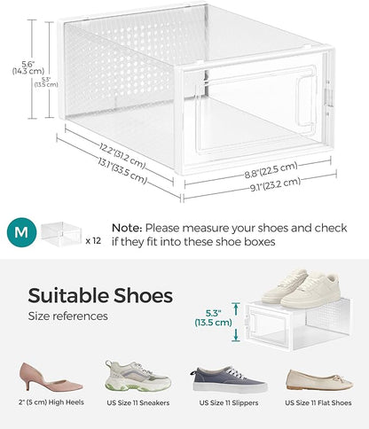SONGMICS Shoe Boxes, Pack of 12 Shoe Storage Organizers, Stackable Clear Plastic Boxes for Closet, Sneakers, 13.1 x 9.1 x 5.6 Inches, Transparent and White ULSP12SWT