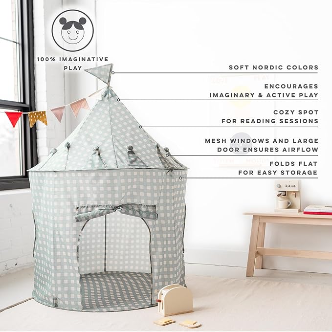 3 Sprouts Kids Play Tent - Sustainable Recycled Fabric – Fun Spacious Childs Playhouse for Indoor Games for Boys & Girls - Durable Fort Pop Up House for Toddlers & Children Age 3-10 - Gingham Blue