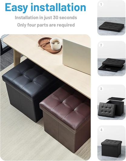 Storage Ottoman Foot Rest Stool, Small Leather Storage Ottomans Bench, Folding Foot Stool with Handles Lid, Foot Rest Under Desk for Living Room Bedroom, 17x13x13 in, Black