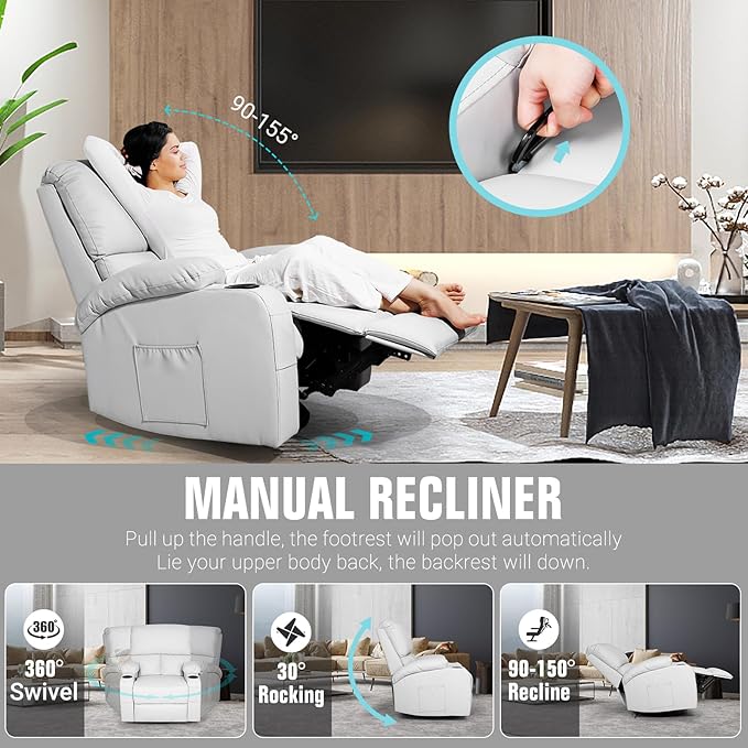 Rocking Recliner Chair, Massage Rocker Recliner Chair with Vibration Massage and Heat, 360° Swivel Recliner Chairs, Living Room, Bedroom, Nursery, RV, Grey