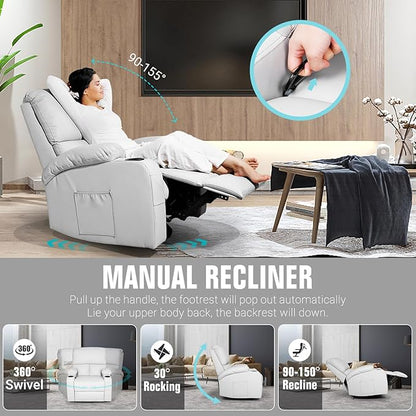 Rocking Recliner Chair, Massage Rocker Recliner Chair with Vibration Massage and Heat, 360° Swivel Recliner Chairs, Living Room, Bedroom, Nursery, RV, Grey