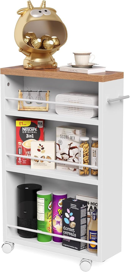 LITTLE TREE 4 Tier Rolling Cart with Wheels, 6.3 Inch Slim Storage Cart, Wooden Snack Cart with Narrow Shelf, White Laundry Room and Bathroom Organizer Shelves