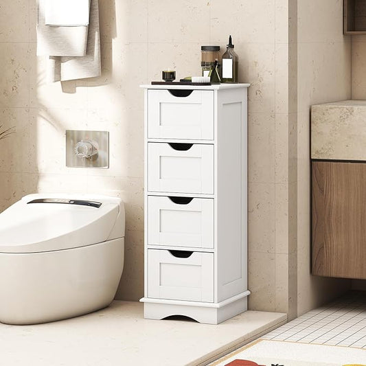 Giantex Bathroom Storage Cabinet with 4 Drawers, 32" Freestanding Storage Organizer Unit with Cutout Handles, Anti-Tipping Device, Narrow Floor Cabinet for Hallway, Living Room, Entryway (White)