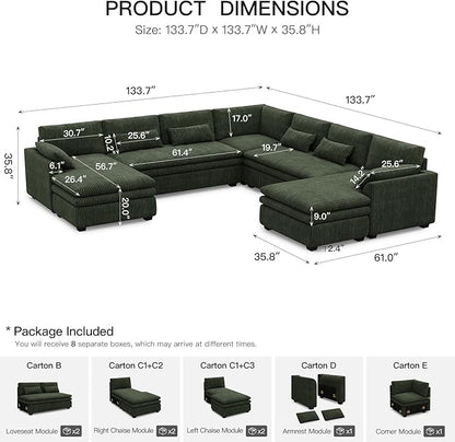 Belffin Large Modular Sectional Sofa with Double Deep Chaise and Loveseat, Corduroy U Shaped Couch with 9" Soft Dual-Layer 9 Seats Cushion for Living Room, Apartment, Green