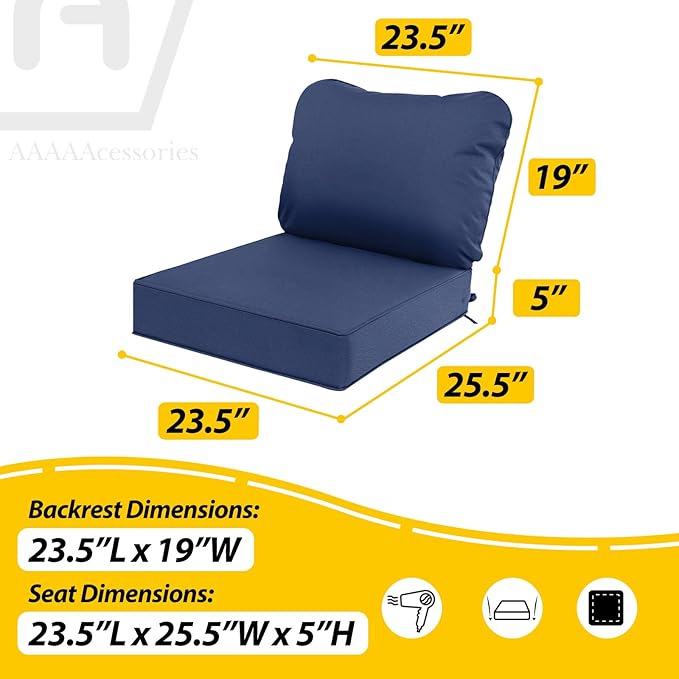 AAAAAcessories Outdoor Deep Seat Cushions, Waterproof, Fade-Resistant Patio Furniture Replacement Cushions, 23.5" x 25.5" x 5" + 23.5" x 19", Set of 4, Navy Blue
