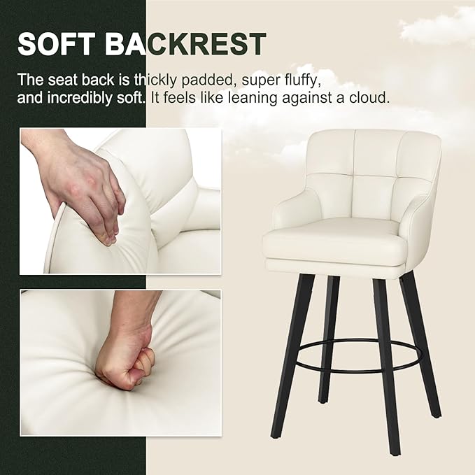 360°Swivel Counter Height Bar Stools with Back, 30 inch Solid Wood Legs, Bar Stool Modern Kitchen Island Chairs, Faux Leather (Beige- Faux Leather, 30" H- Set of 2)