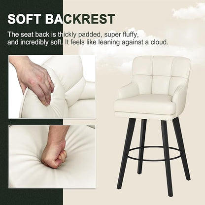 360°Swivel Counter Height Bar Stools with Back, 30 inch Solid Wood Legs, Bar Stool Modern Kitchen Island Chairs, Faux Leather (Beige- Faux Leather, 30" H- Set of 3)