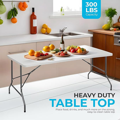 SIMPLI-MAGIC 6ft Portable Plastic Folding Table – 17% Thicker than Others – Indoor & Outdoor Heavy-Duty Foldable Utility Table w/Handle for Party & Camping (White)
