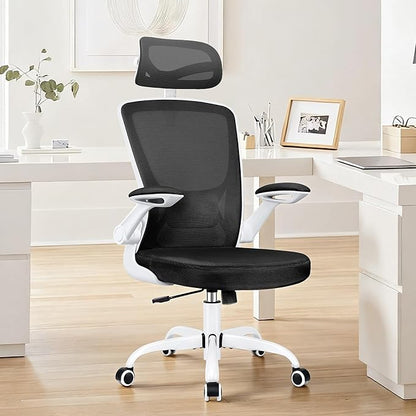 Ergonomic Office Chair, Computer Desk Chair Comfy with Adjustable Headrest, Lumbar Support, Flip-up Armrests, Gaming Chairs for Long Hours, White