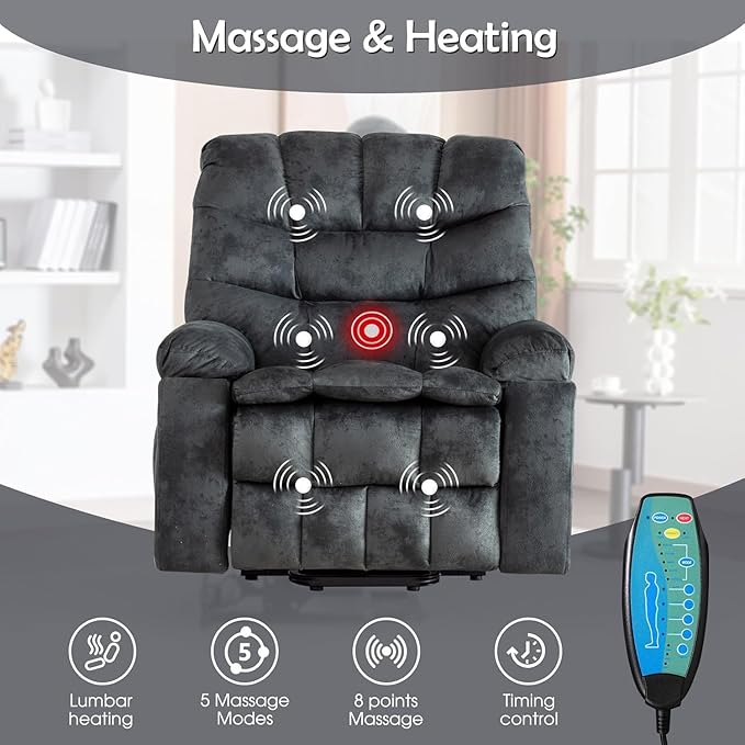 CANMOV Large Power Lift Recliner Chairs with Massage and Heat for Elderly, Heavy Duty and Safety Motion Reclining Mechanism Electric Wide Recliners with USB Ports, 2 Concealed Cup Holders (Grey Green)