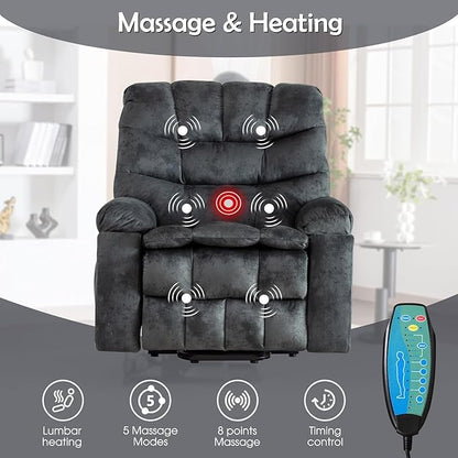 CANMOV Large Power Lift Recliner Chairs with Massage and Heat for Elderly, Heavy Duty and Safety Motion Reclining Mechanism Electric Wide Recliners with USB Ports, 2 Concealed Cup Holders (Grey Green)
