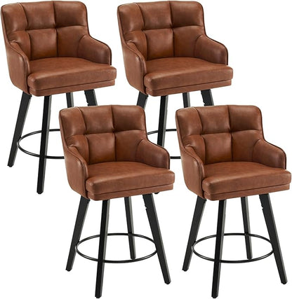 360°Swivel Counter Height Bar Stools with Back, 26 inch Solid Wood Legs, Bar Stool Modern Kitchen Island Chairs, Faux Leather (Brown- Faux Leather, 26" H- Set of 4)