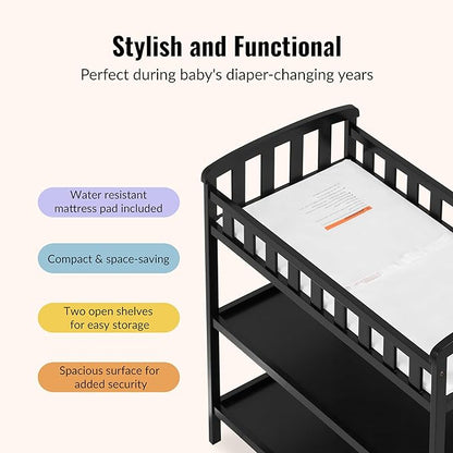 Dream On Me Emily Changing Table In Black, Comes With 1" Changing Pad, Features Two Shelves, Portable Changing Station, Made Of Sustainable New Zealand Pinewood