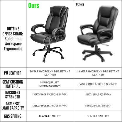OUTFINE Office Chair Executive Office Chair Desk Chair Computer Chair with 5-Year hydrolysis-Resistant Leather Spring Cushion Ergonomic Support Tilting Function Upholstered in Bonded Leather Black