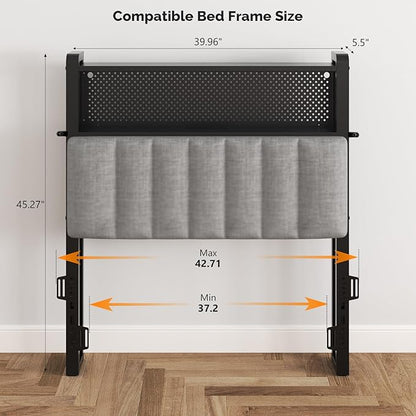 VINGLI Twin or Twin XL Size Headboard, Adjustable Upholstered Headboard with 2 Tier Shelves and Pegboard with Charging Stations and LED Lights, Modern Bed Headboard with Storage for Bedroom Decor