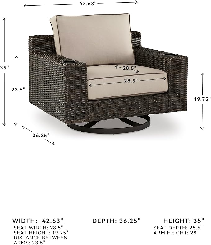 Signature Design by Ashley Coastline Bay Casual Outdoor Swivel Lounge with Cushion and 2 Cup Holders, Nuvella Weather Resistant Fabric, Beige & Dark Brown