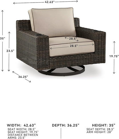 Signature Design by Ashley Coastline Bay Casual Outdoor Swivel Lounge with Cushion and 2 Cup Holders, Nuvella Weather Resistant Fabric, Beige & Dark Brown