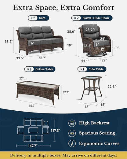 HILLGA Luxury Patio Furniture Set with 6-Inch Thick Cushions, High Back Outdoor Swivel Rocker Chairs and Patio Couch, 6-Piece All Weather Conversation Set for Porch Deck Pool Yard, Dark Grey (V3)