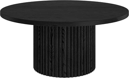 Henn&Hart 32" Fluted Round Wood Pedestal Low-Profile Coffee Table for Living Room, Family Room, Office, or Apartment, Black Grain