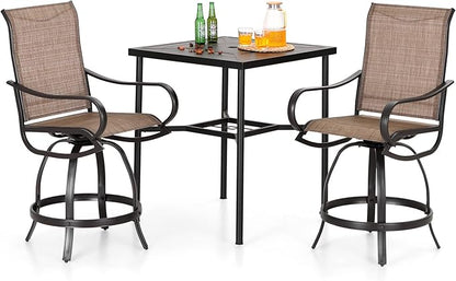 PHI VILLA 3PCS Patio Bar Set, Metal Bar Height Table and 2 Counter Height Swivel Chairs with Textilene Fabric and Thickened Black Metal Frame,High Patio Furniture for Garden,Yard