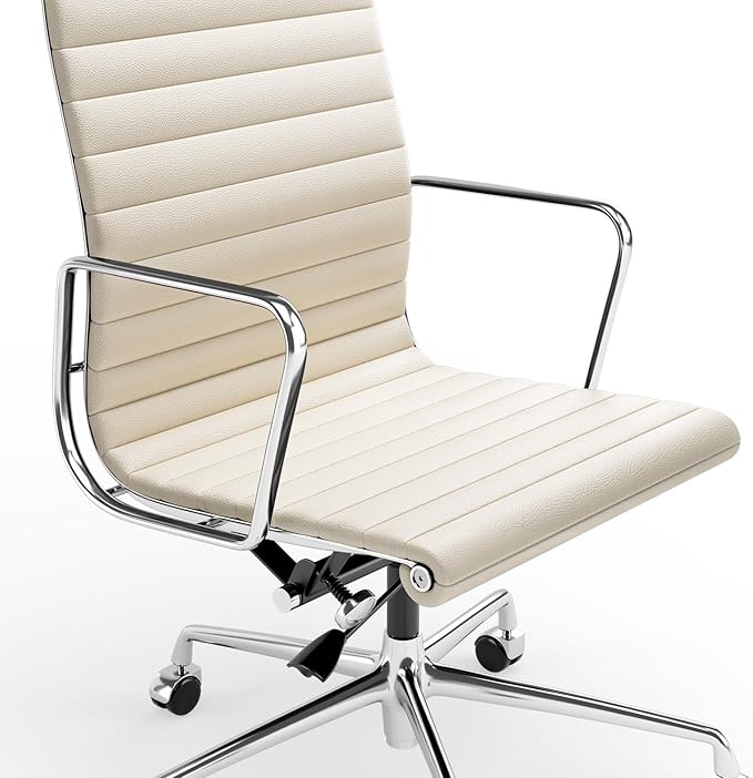High Back Genuine Leather Ribbed Office Chair-Ergonomic Desk Chair with Aluminum Alloy Armrest & Frame, Swivel Silent Wheels & Tilt Function, Adjustable Height