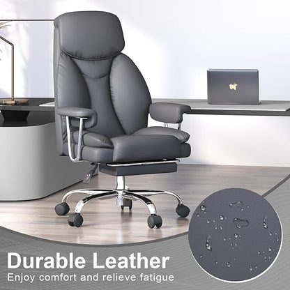 Big and Tall Office Chair, Executive Home Office Desk Chair, Comfy Leather High-Back Reclining Computer Chair with Retractable Footrest and Padded Arms, 360°Swivel Rolling Wheels, Wide Seat, Gray