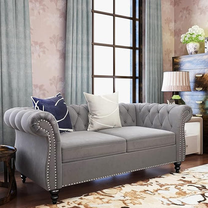 Chesterfield Loveseat Sofa, Modern Velvet Small Sofa Couch 2 Seater with Rolled Arms and Nailhead, Mid Century Modern Loveseat Couch for Small Spaces Living Room Bedroom Apartment, Grey