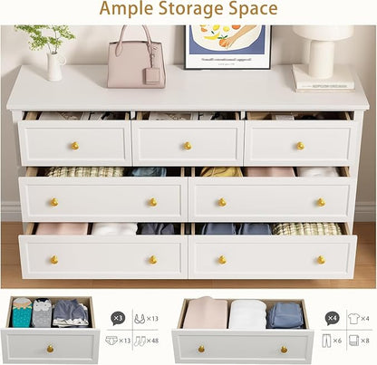 LYNSOM White Dresser for Bedroom with 7 Drawers, Modern Wide Chest of Storage Drawer with Gold Handles, TV Stand Dresser, Wood Dressers for Bedroom Living Room, Hallway, Entryway, 55’’