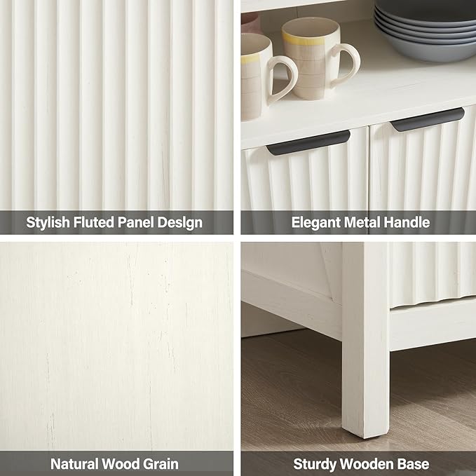 Buffet Cabinet with Storage - Modern Farmhouse Rustic 32 Fluted Sideboard Storage Cabinet Buffet with Adjustable Shelves, Coffee Wine Bar Organizer for Dining Room (Antique White)
