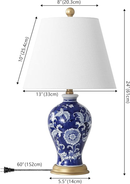 JONATHAN Y JYL3009E Grace 24" French Country Cottage Ceramic/Iron Floral Urn LED Table Lamp, Navy/White for Bedroom, Living Room, Office, College