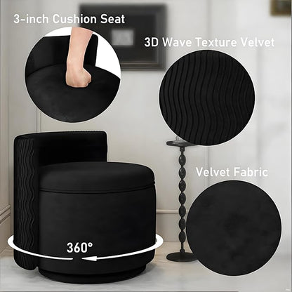 360° Swivel Accent Chair with Storage, Vanity Stool with Back, Velvet Storage Ottoman, Upholstered Round Barrel Vanity Chair for Living Room, Makeup Room, Bedroom (Black)