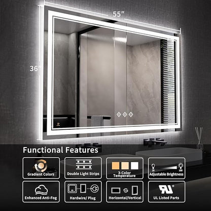 LED Mirror, 55x36 Inch Gradient Front and Backlit Lighted Bathroom Mirror, 3 Colors Dimmable CRI>90 Double Lights, IP54 Enhanced Anti-Fog, Hanging Plates Wall Mount Bathroom Mirror