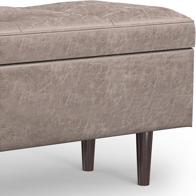 SIMPLIHOME Shay 48 inch Wide Mid Century Modern Rectangular Storage Ottoman in Distressed Grey Taupe Vegan Faux Leather, Assembled, for The Living Room, Entryway and Family Room