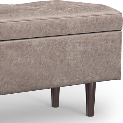 SIMPLIHOME Shay 48 inch Wide Mid Century Modern Rectangular Storage Ottoman in Distressed Grey Taupe Vegan Faux Leather, Assembled, for The Living Room, Entryway and Family Room