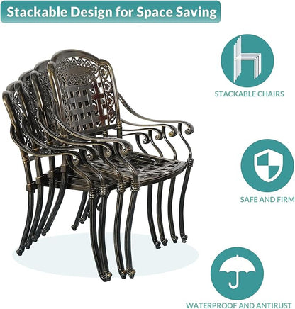 MEETWARM 9-Piece Outdoor Furniture Dining Set, All Weather Cast Aluminum Patio Garden Set with 8 Chairs, 8 Cushions, 1 Oval Table, 2" Umbrella Hole, Dark Bronze, Navy Blue