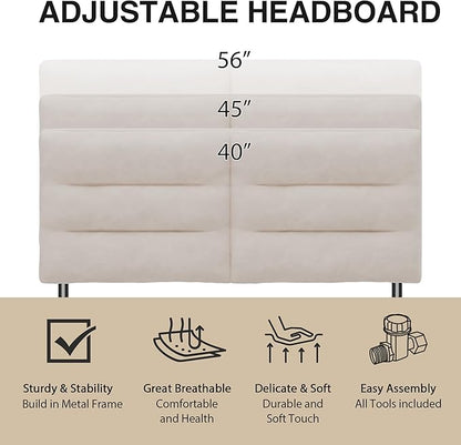King Size Velvet Headboard Foldable Panels Backboard, Upholstered California King Head Board for Bedroom Adjustable Height from 42" to 56"-Ivory