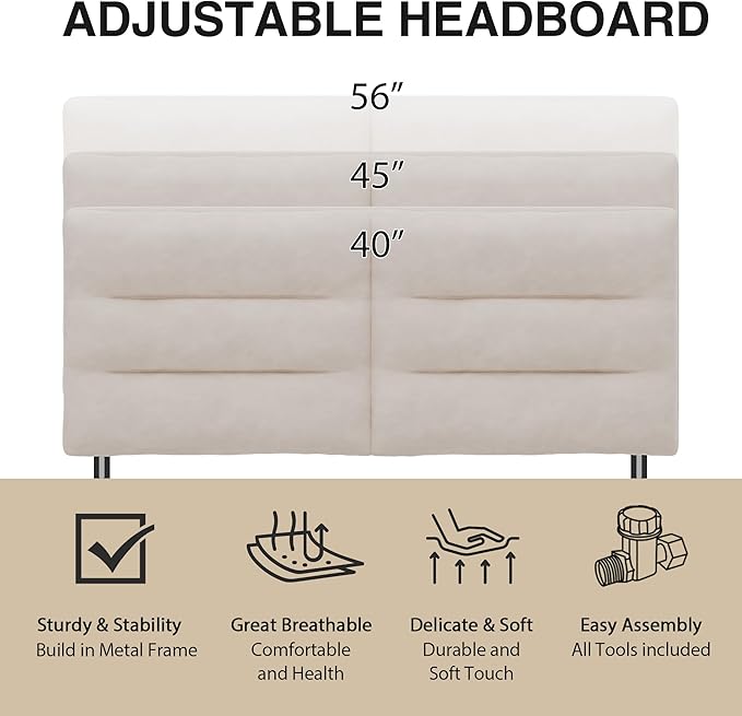 Queen Size Velvet Headboard Foldable Panels Backboard, Upholstered Full Headboard Adjustable Height from 42" to 56" Head Borad-Ivory