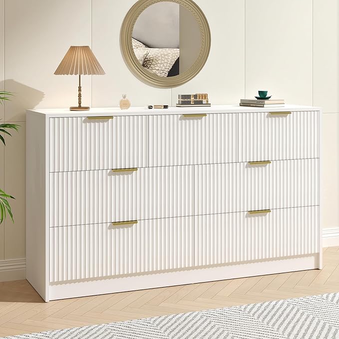 White 7 Drawer Dresser for Bedroom, 55” Wide Fluted Dresser with Gold Handles, Modern Chest of Drawer for Bedroom, Closet, Living Room, Entryway, Hallway, White