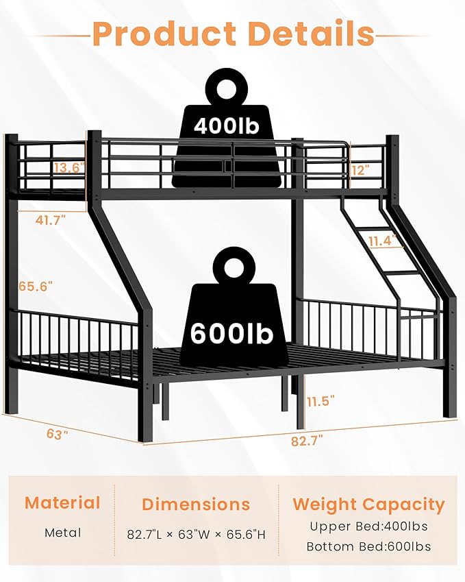 Twin XL Over Queen Bunk Bed, Heavy Duty Bunk Bed with EVA Padded Ladder and Full-Length Guardrails, Metal Queen Bed Frame with Slats Support for Adults, Teens, Kids, Black