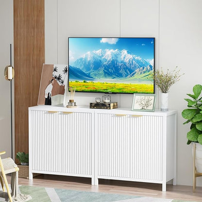 Sideboard Buffet Cabinet Set of 2, 31" Fluted Storage Cabinet with 2 Doors and Adjustable Shelves, Modern Sideboard Console Table for Living Room,Entryway,Dinning Room,Kitchen-White