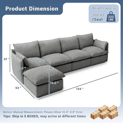 124" Cloud Modular Sectional Sofa, Waterproof Down Filled Sectional Couch, High Backrest L Shaped 4 Seater Couch with Ottoman, Modern Modular Sofas with Removable Cover, Dark Gray