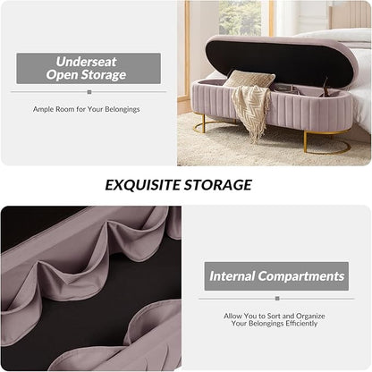 EcoHarbor Living 55.5" Storage Bench Ottoman End of Bed Bench Bedroom Bench, Upholstered Velvet Long Window Bench Large King Size with Gold Legs, Flipping Lid Entryway Footrest (Pink)