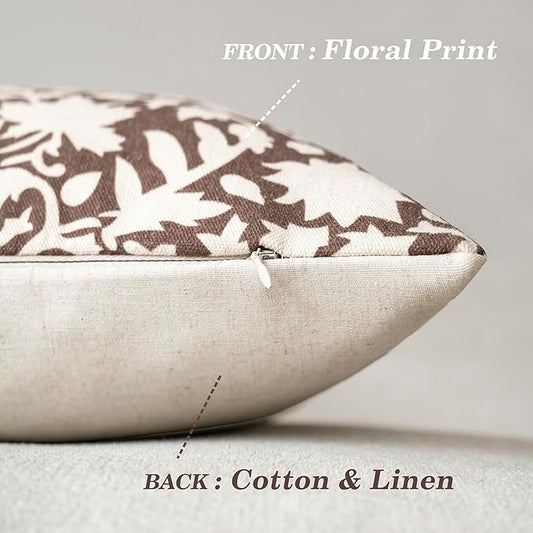 Foindtower Set of 2 Decorative Neutral Floral Throw Pillow Covers Accent Farmhouse Cushion Covers Boho Vintage Pillowcase for Couch Sofa Bedroom Living Room Home Decor,18×18 Inch,Brown
