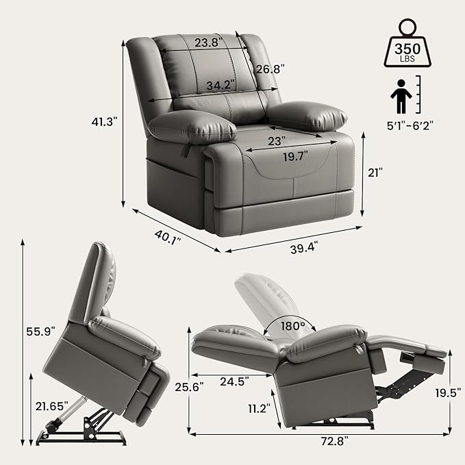 Large Dual Motor Power Lift Recliner Chair with Massage and Heat for Elderly People, Infinite Position,USB Ports and Remote Control,Breathable Leather (Gray)