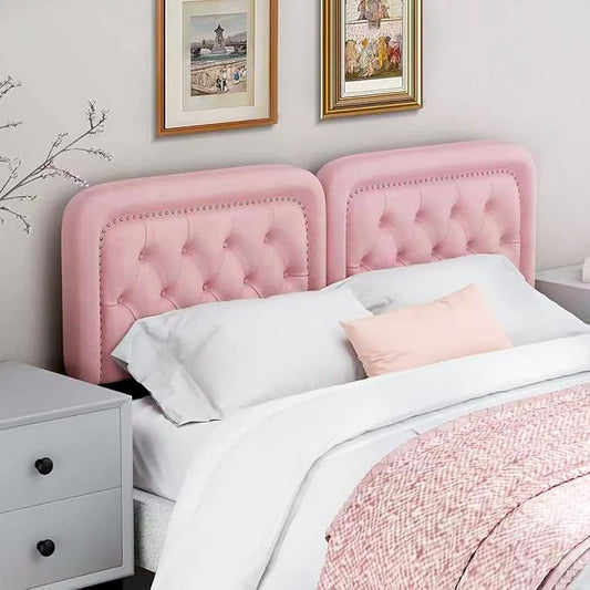 Tufted Upholstered Headboard Queen Size, Button Adjustable Height Queen Head Board Only, Sturdy and Durable Solid Wood with Nailhead Trim Headboards, Ideal for Bedroom, Dorm, Guest Room,Pink