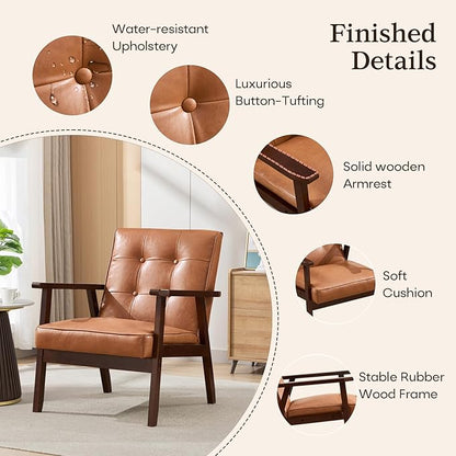 Bonzy Home Mid Century Modern Accent Chair Set of 2 for Living Room, Upholstered Faux Leather Armchair Comfy Retro Bedroom Side Chair with Solid Wood Frame, Orange