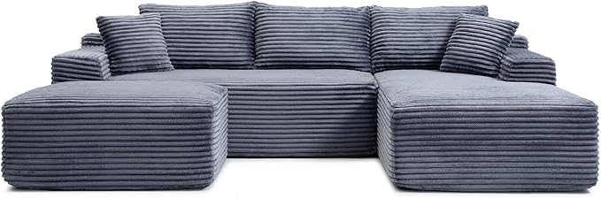 108 Inch Cloud Sectional Couch,Modern Modular Sectional Sofa with Deep Seat,Corduroy Boneless Couches with L-Shape Chaise for Living Room,No Assembly Required (Grey, Right Facing Chaise + Ottoman)