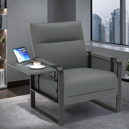 Faux Leather Accent Chair, Upholstered Armchair with Side Tray & Pocket, Comfy Reading Chair for Living Room, Bedroom, Guest Room, Gray